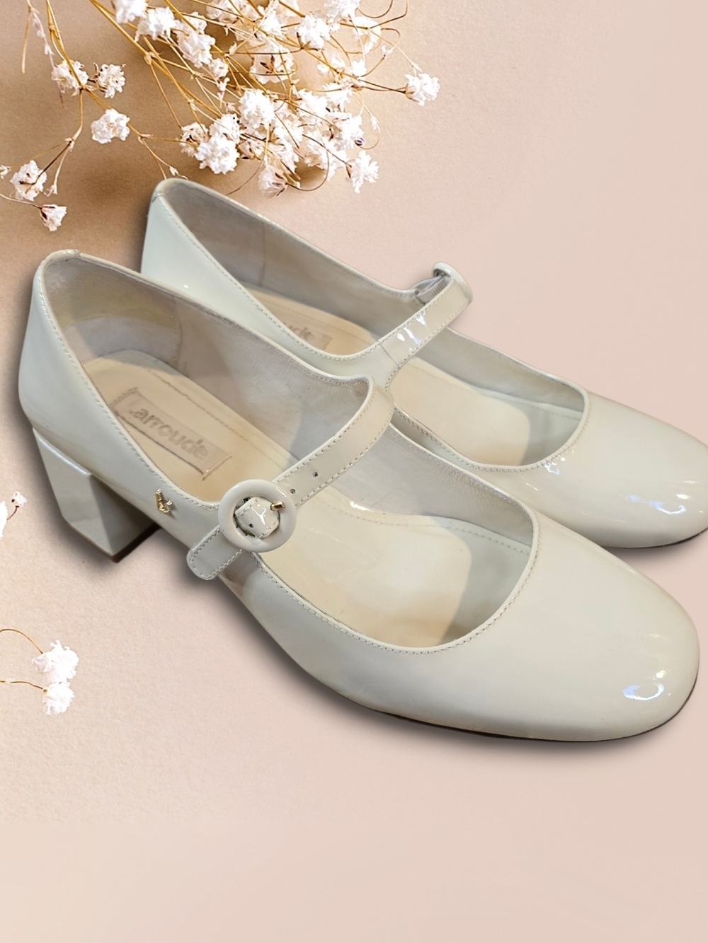 Larroude Cream Patent Mary Jane Block Heels
